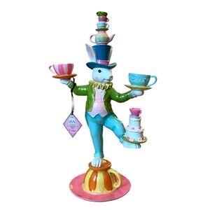 TOPHAT & TAIL 24in Mad Hatter Easter Bunny Balancing Teacups and Cake New
